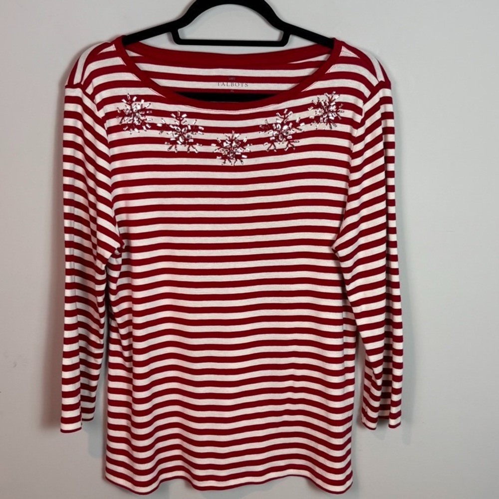 Talbots Womens Red White Striped Beaded Snowflake Pattern 3/4 Sleeve Tee size XL